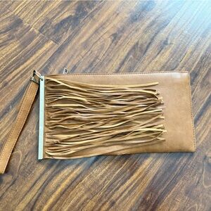 Fringed Wristlet Clutch in Tan Faux Leather